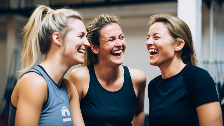 ženy v športovom oblečení sa smejú pri rozhovore